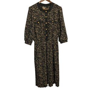 Vintage Breli Originals Blk Tan Patterned Dress Button-Front Midi Gold Buttons